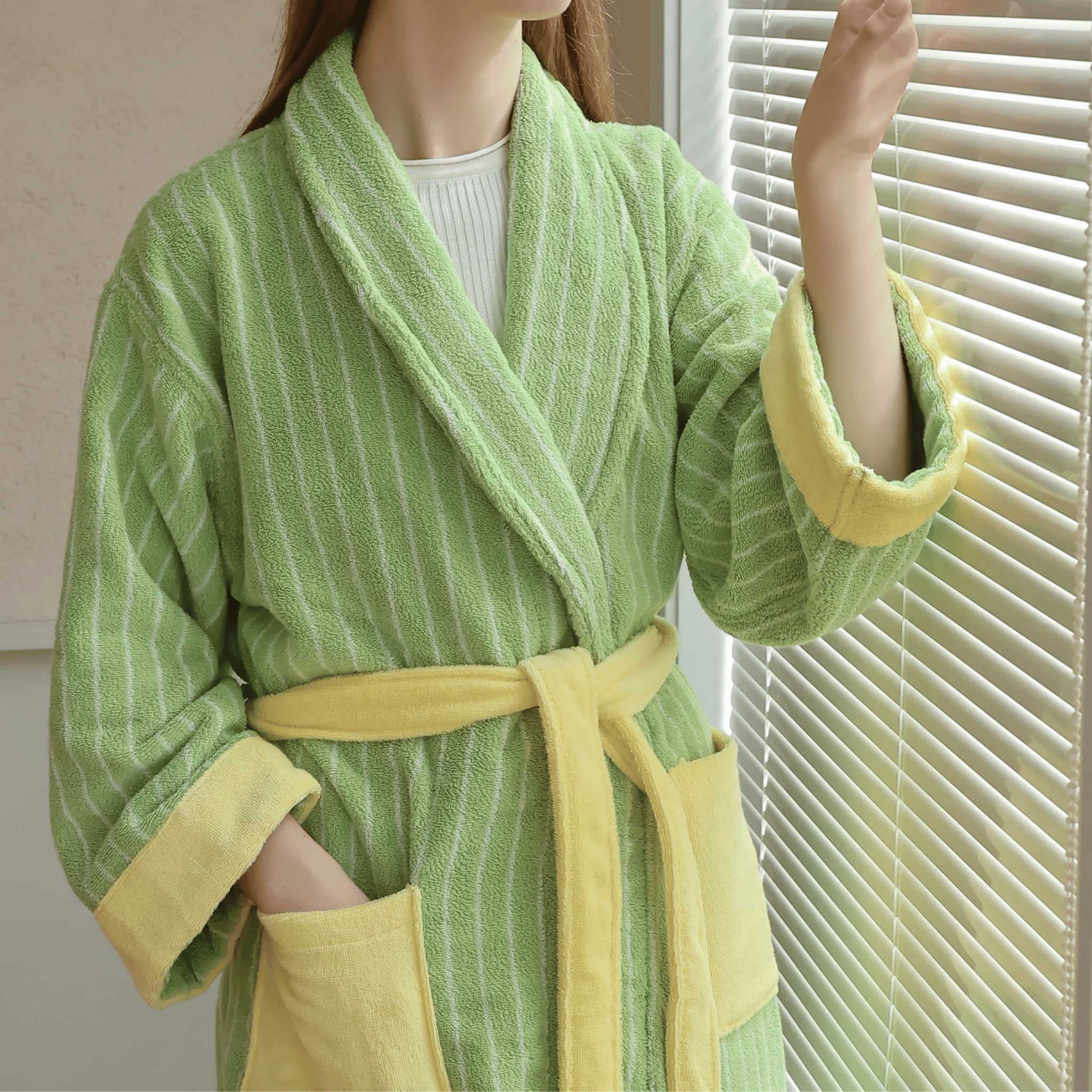 Myrka Organic Cotton Striped Spa Bathrobe | Skonne, Green& Yellow, Robes, Jacquard Stripe