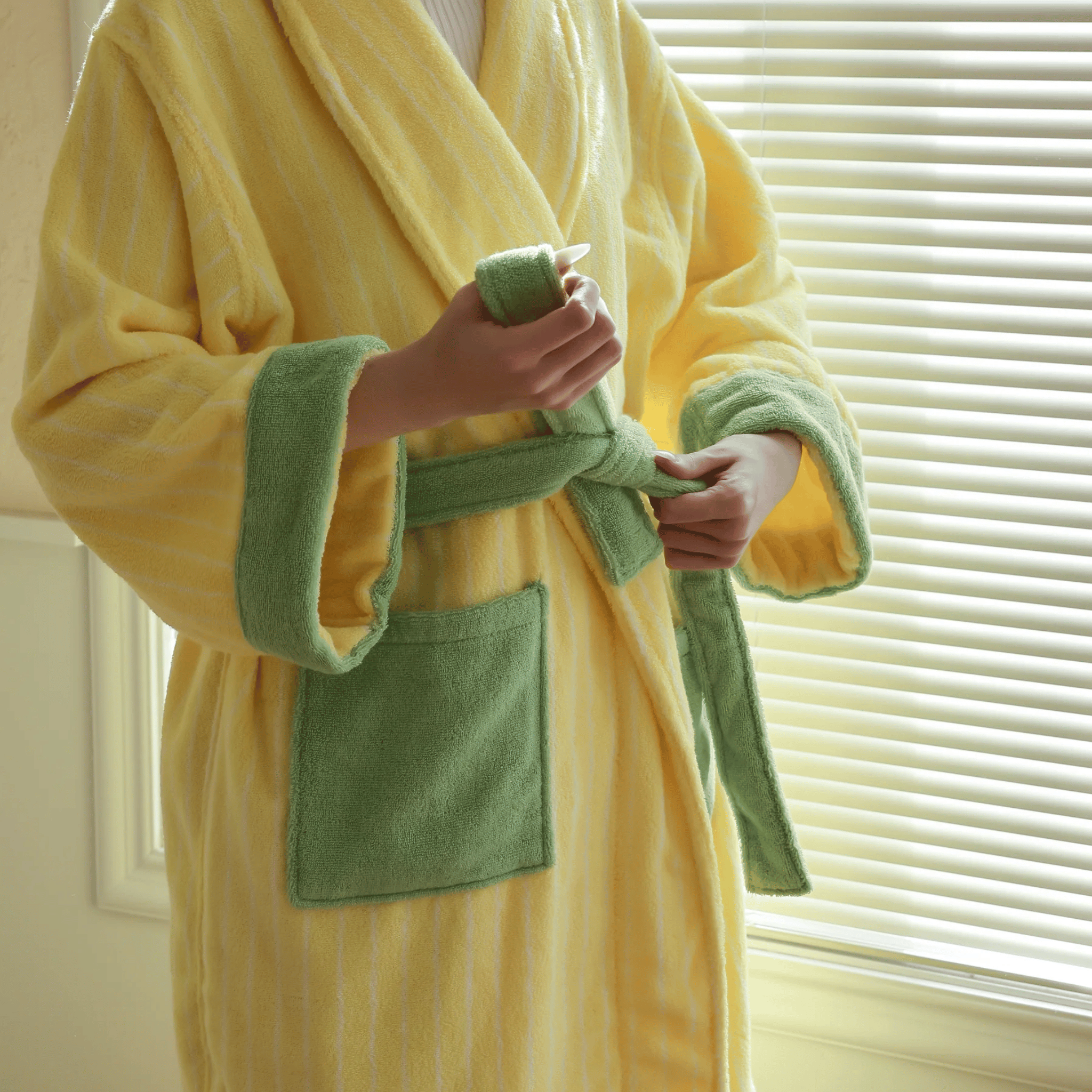 Myrka Organic Cotton Striped Spa Bathrobe | Skonne, Yellow & Green, Robes, Jacquard Stripe