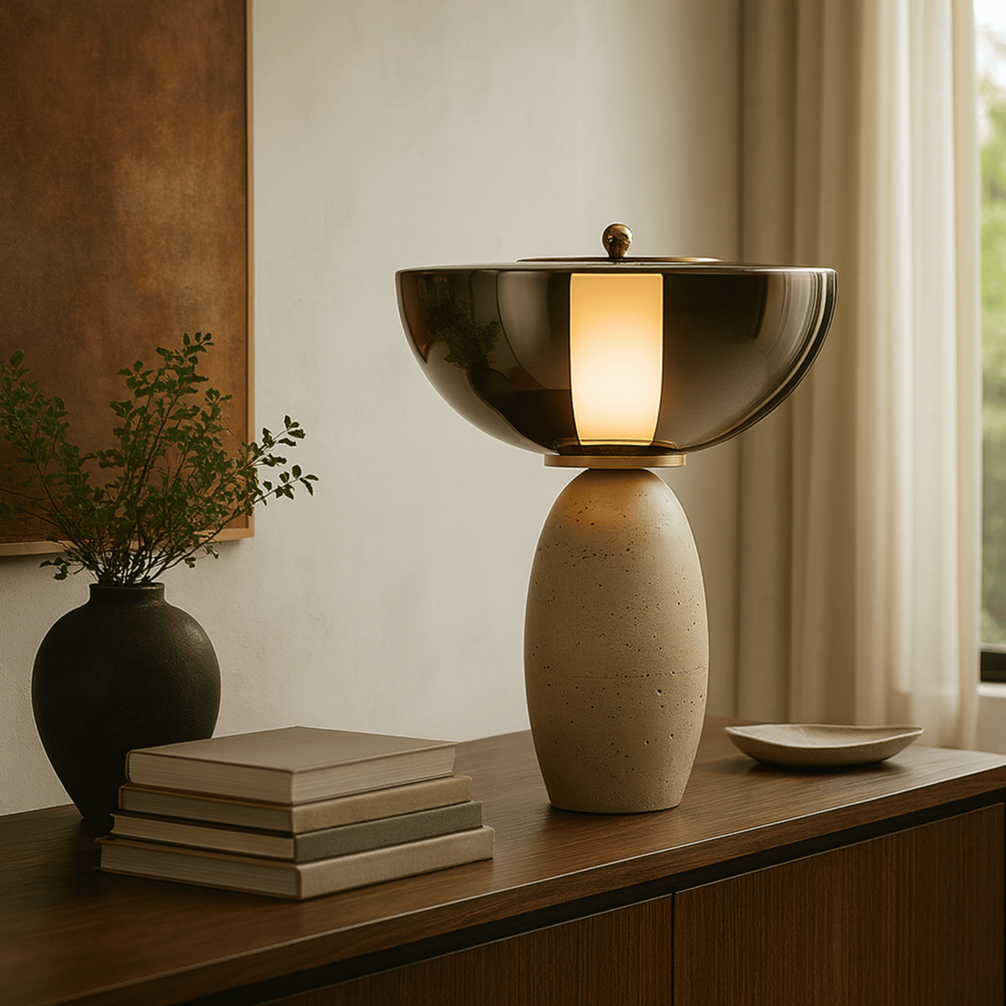 Travertine Natural Stone Table Lamp for Nordic Home, Dark Gray Glass Lampshade, Lamps, Stenvei