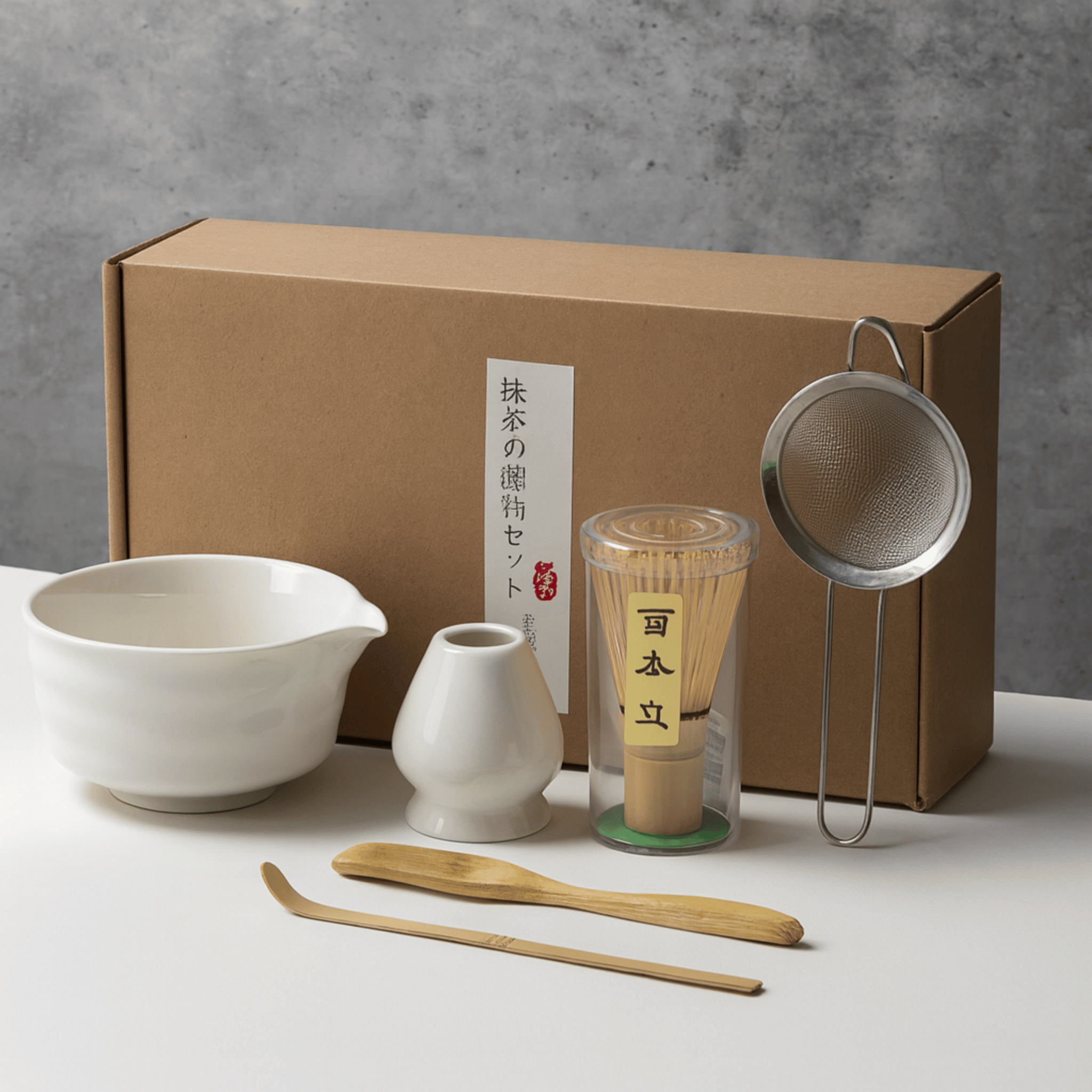 Traditional Japanese Matcha Set Bamboo Whisk Bowl, White, Tea Sets, Stille 6-Piece Ceramic