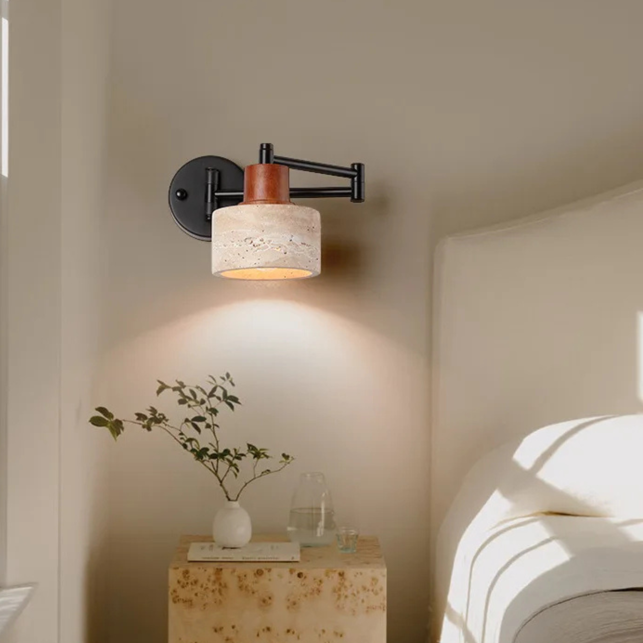 Travertine Stone Wall Sconce with Warm Ambient LED, Light Fixtures, Varsten Natural Adjustable