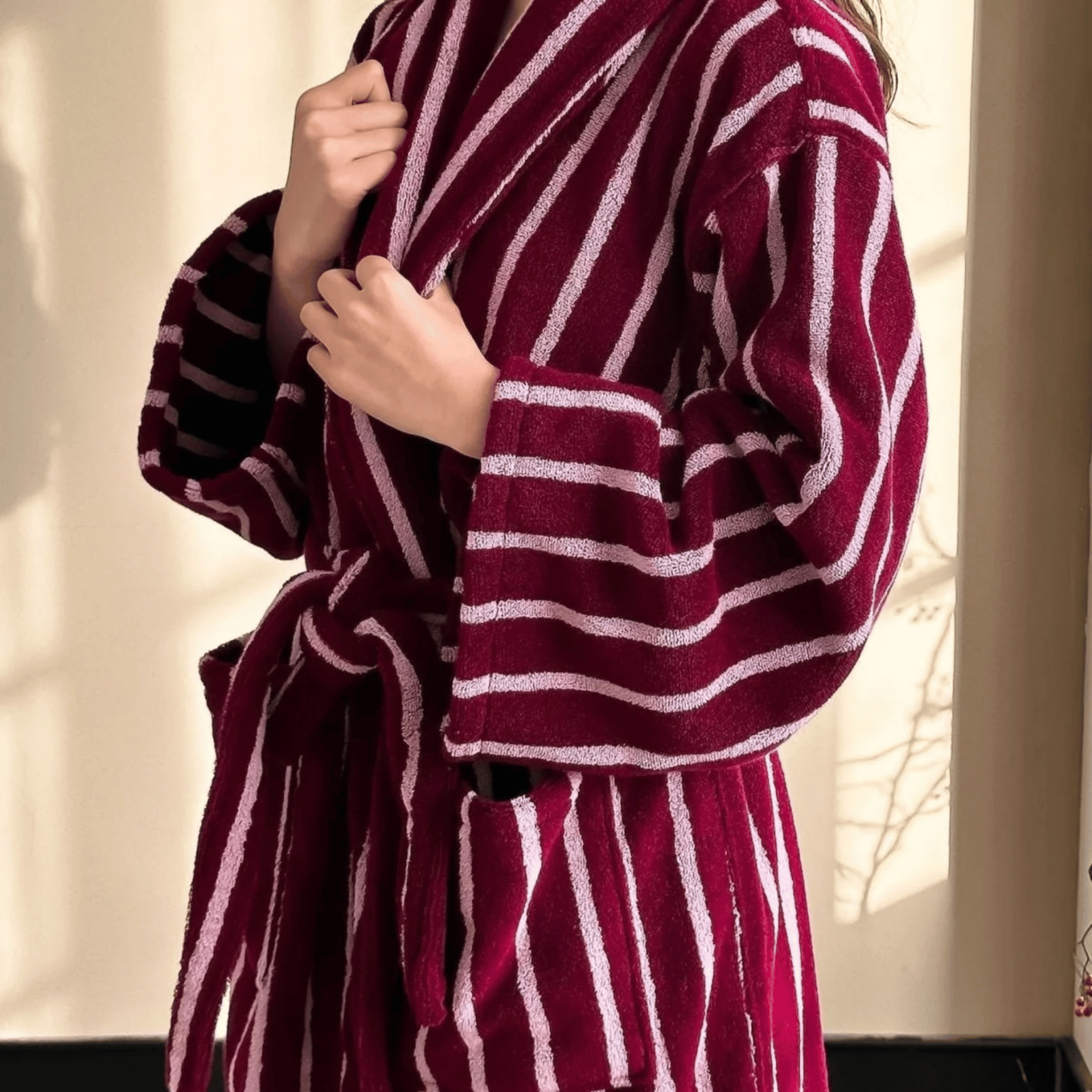 Dvelge Organic Jacquard Cotton Bathrobe Spa Grade, Red, Robes, Stripe