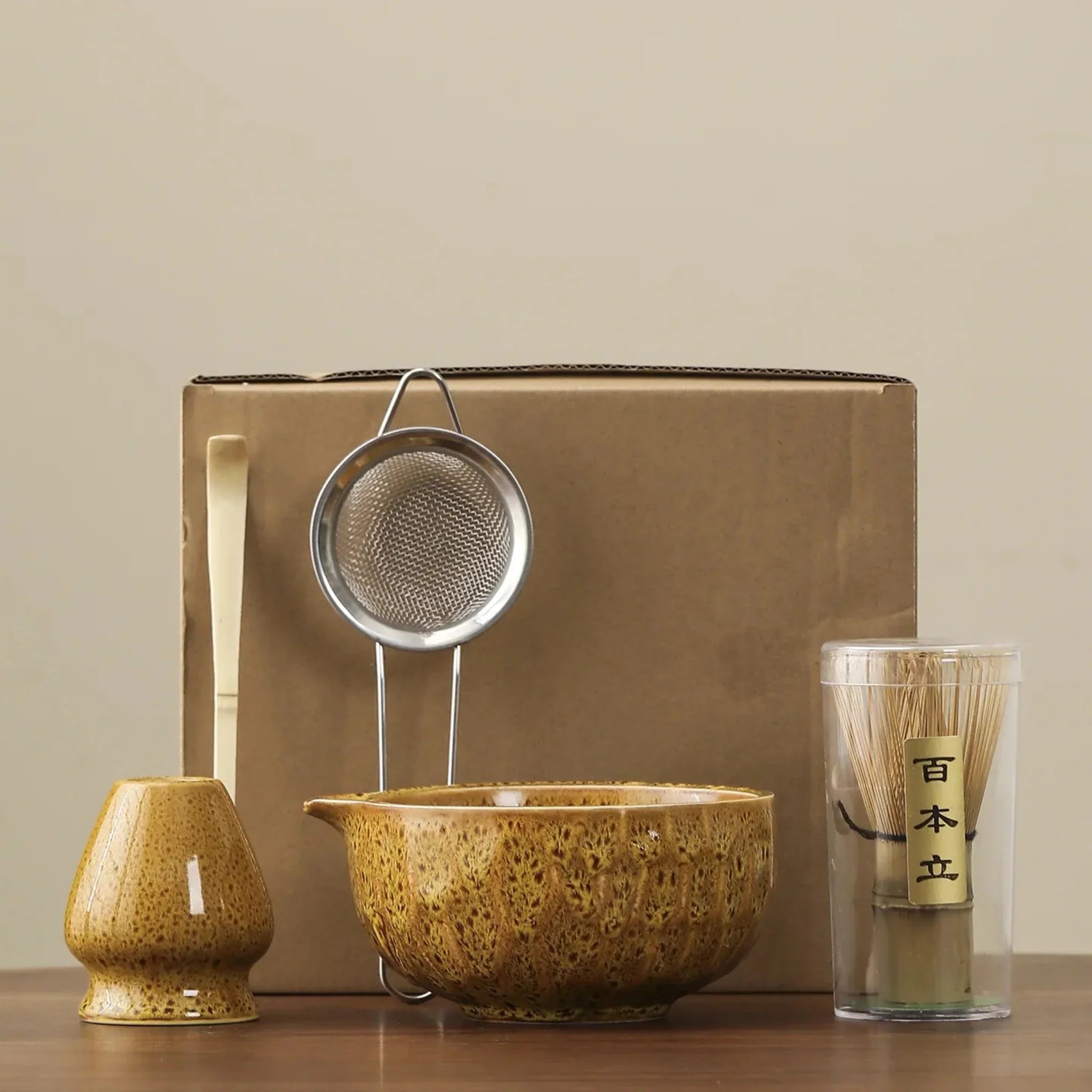Elda Matcha Ceremony Set – 5-Piece Ceramic & Bamboo, Earthy Yellow, Drinkware Sets, Japanese Bowl