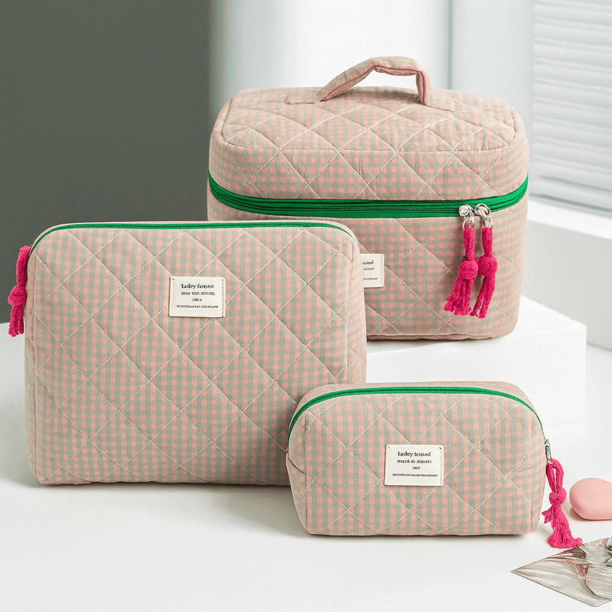 Quilted 3-Piece Makeup Bag Set for Travel by Skonne, Beige, Bags, Flata Cosmetic
