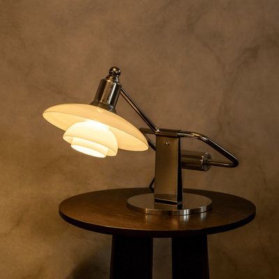 Translation missing: de.Glödva Chrome Table Lamp – Mid-Century Scandinavian, 3 Color Switching, Lamps, Vintage Frosted Glass