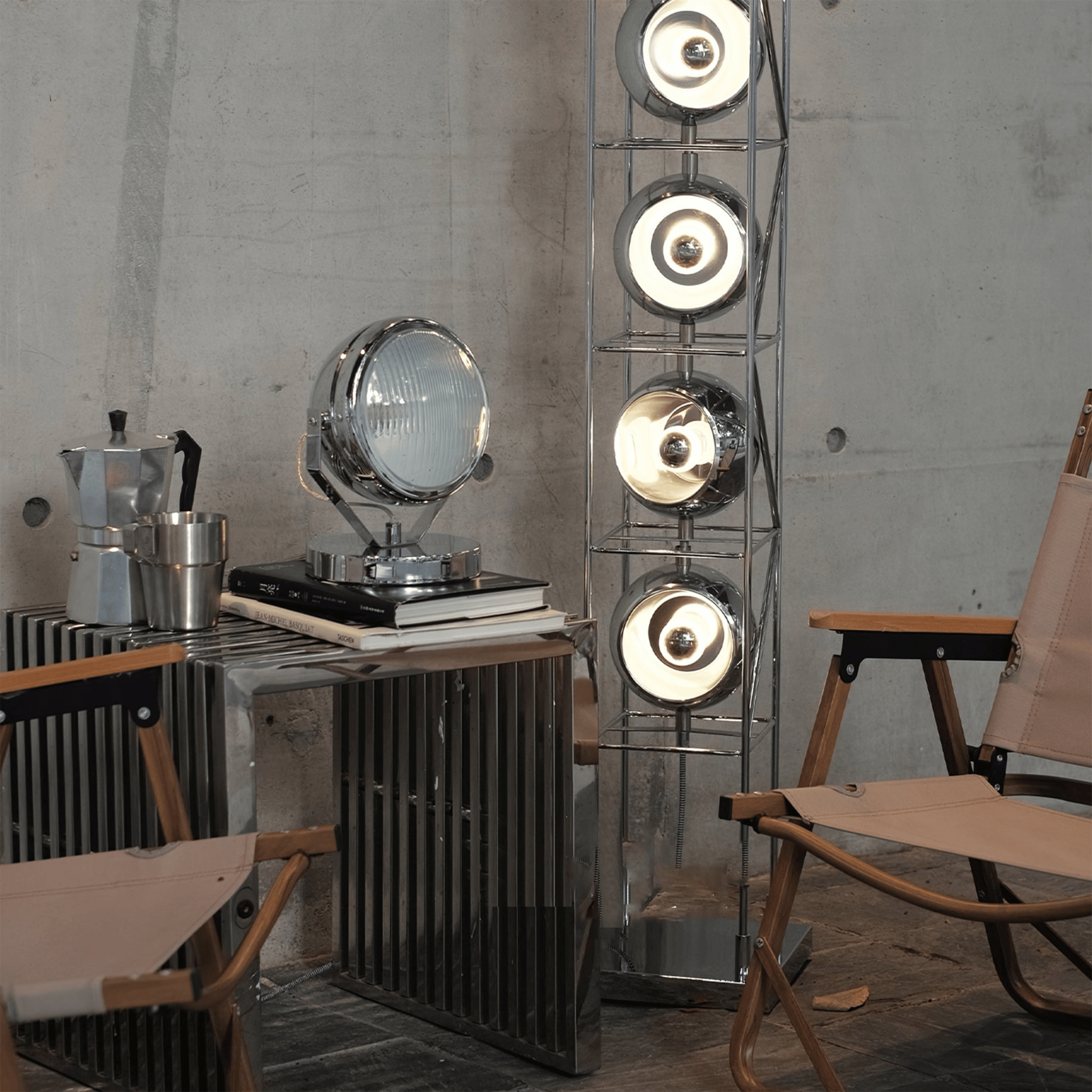 Grindlys Geometric Bauhaus Floor Lamp Chrome Black, Silver, Lamps, in Polished Metal
