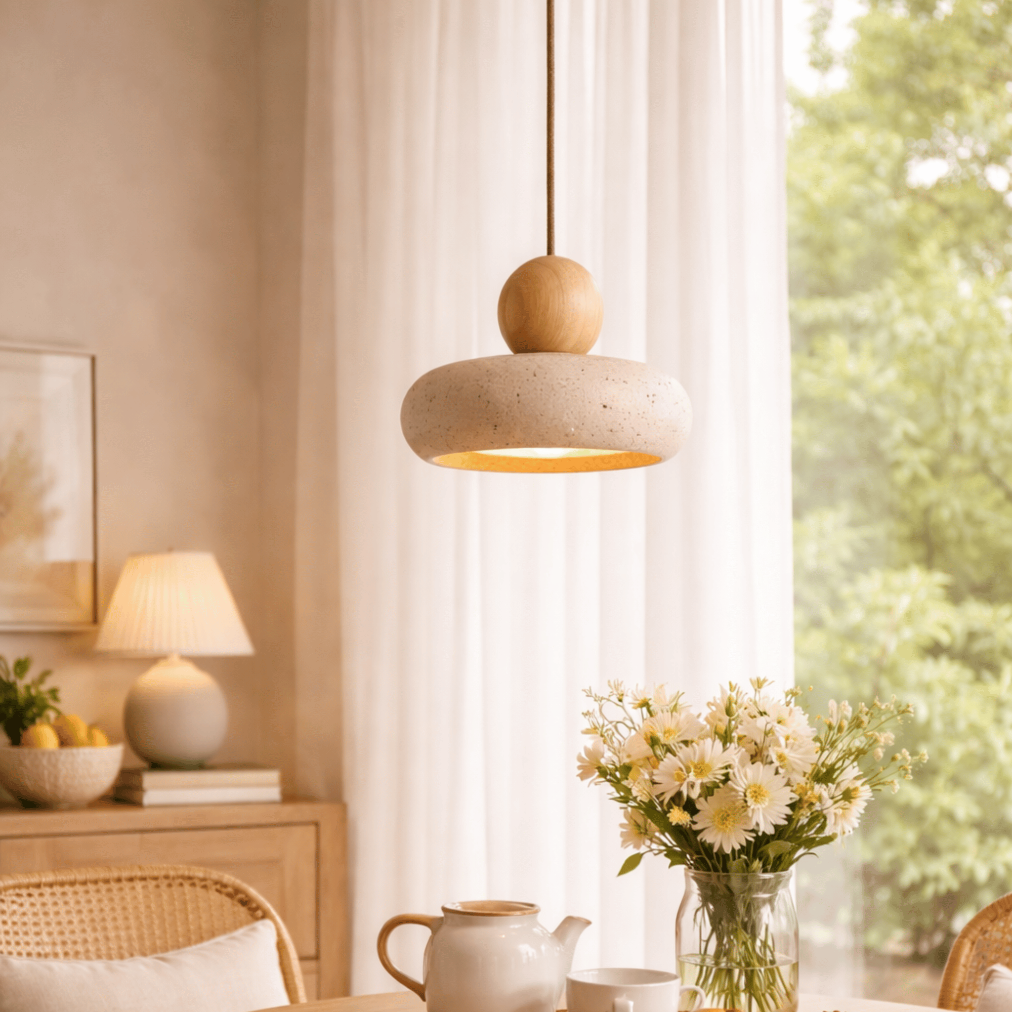 Natural Agate Stone Pendant Light with LED Glow, Wood, Ceiling Fixtures, Steinja