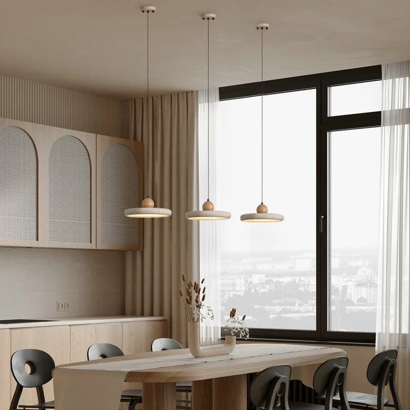 Natural Travertine Wood Pendant Light Wabi-Sabi, Ceiling Fixtures, Steiva Stone