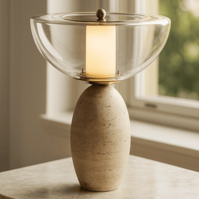 Translation missing: de.Travertine Natural Stone Table Lamp for Nordic Home, Clear Glass Lampshade, Lamps, Stenvei