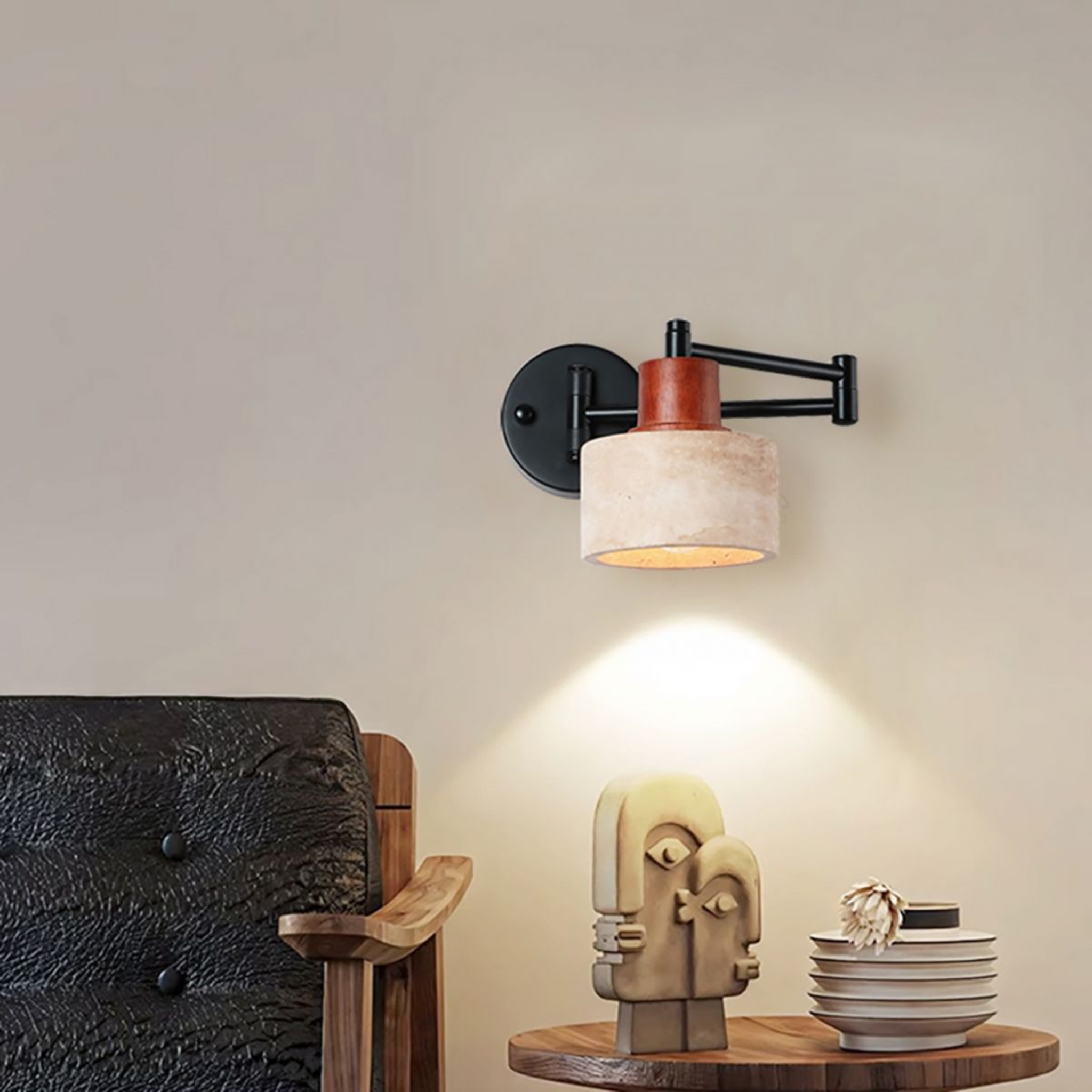 Travertine Stone Wall Sconce with Warm Ambient LED, Light Fixtures, Varsten Natural Adjustable
