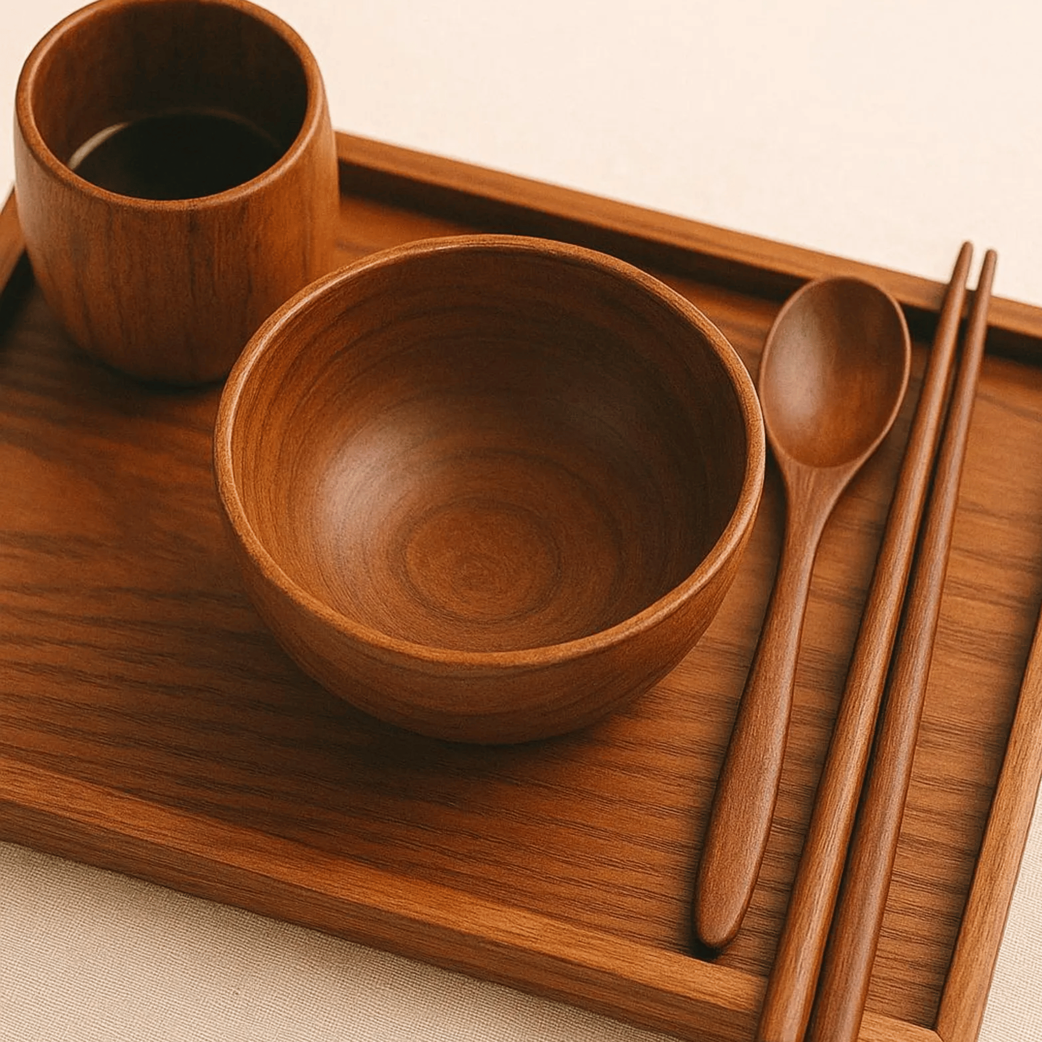 Minimalist Solid Wood Japanese Dinnerware Set Gift, Sets, Vedra Jujube Dining 5pc