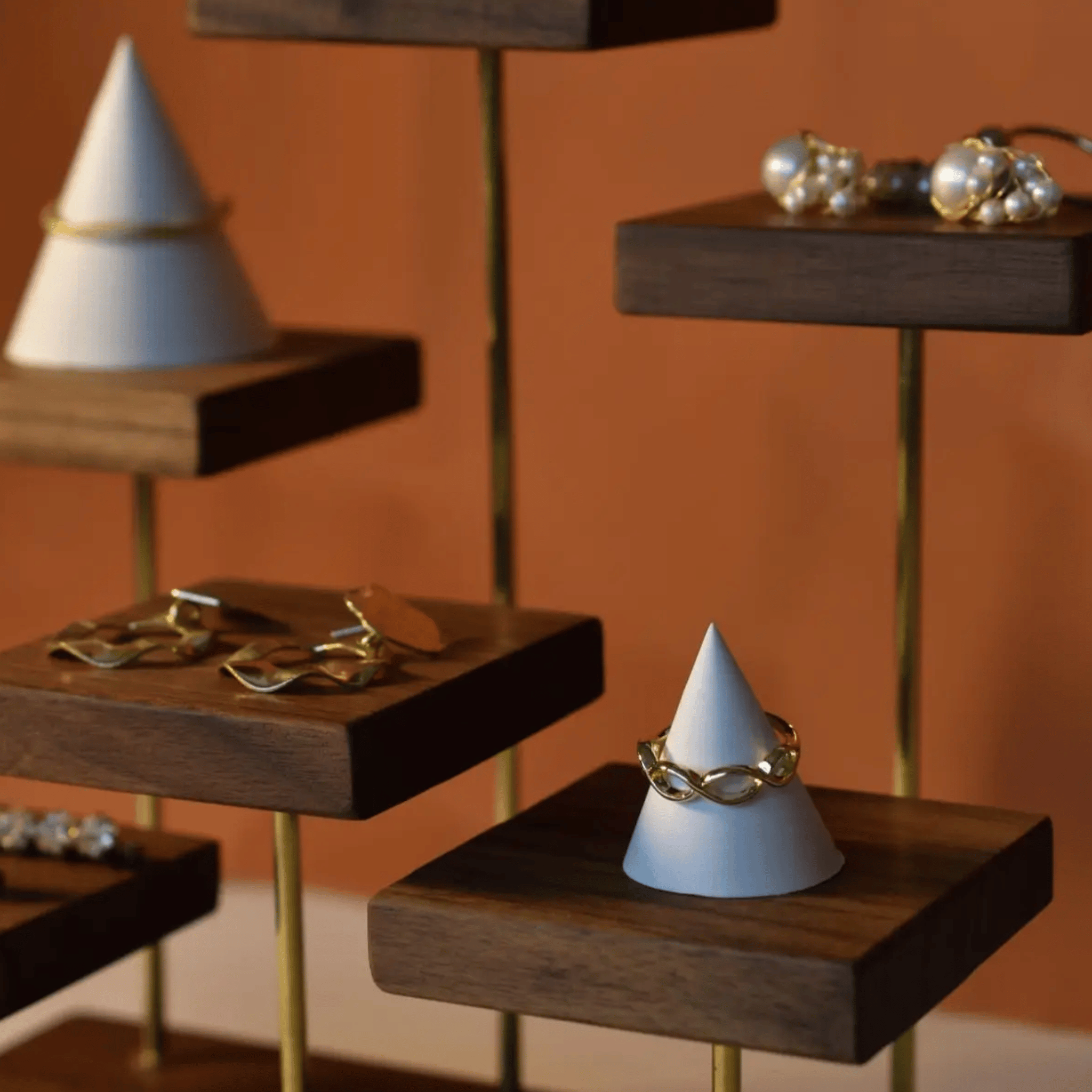 Vilma Black Walnut Jewelry Stand with Brass Accents, Stands, Stepped Display