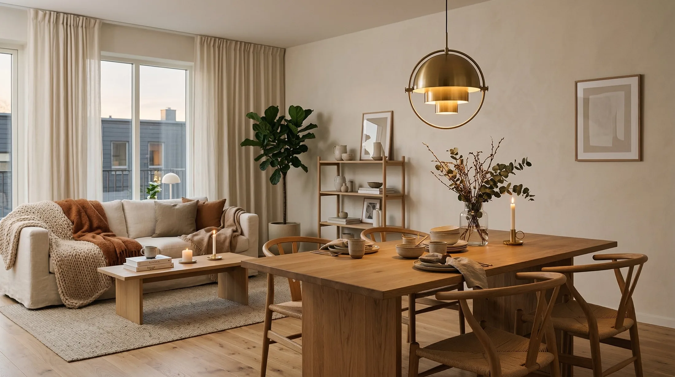 Skandinavisches Wohnzimmer im Licht einer Pendelleuchte aus Messing