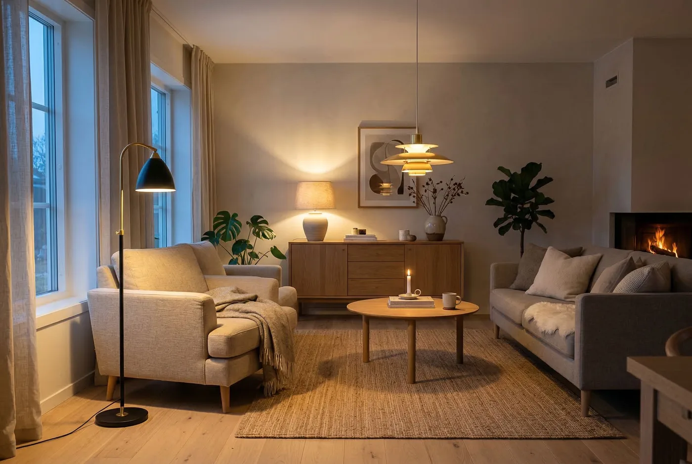 Wohnzimmer im Licht einer Stehleuchte, einer Tischleuchte und einer Pendelleuchte