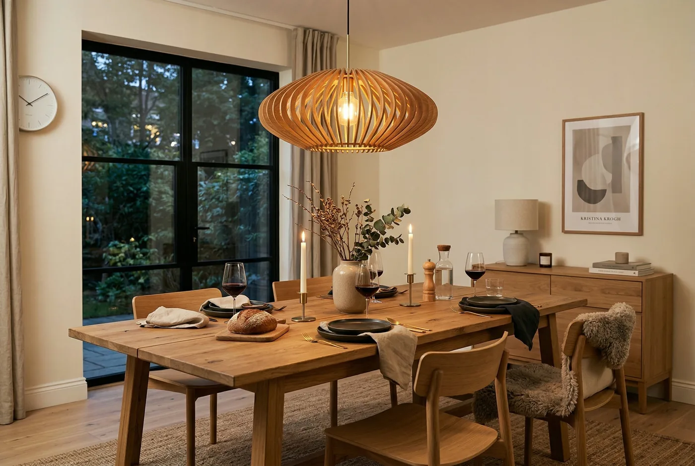 Esszimmer mit einer Pendelleuchte aus geflochtenem Holz über dem Tisch